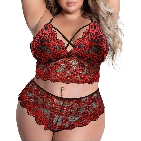 NWT 2pc Sexy Lace Bralette Bra Cheeky Panty Set 3XL Black Red - Picture 1 of 4
